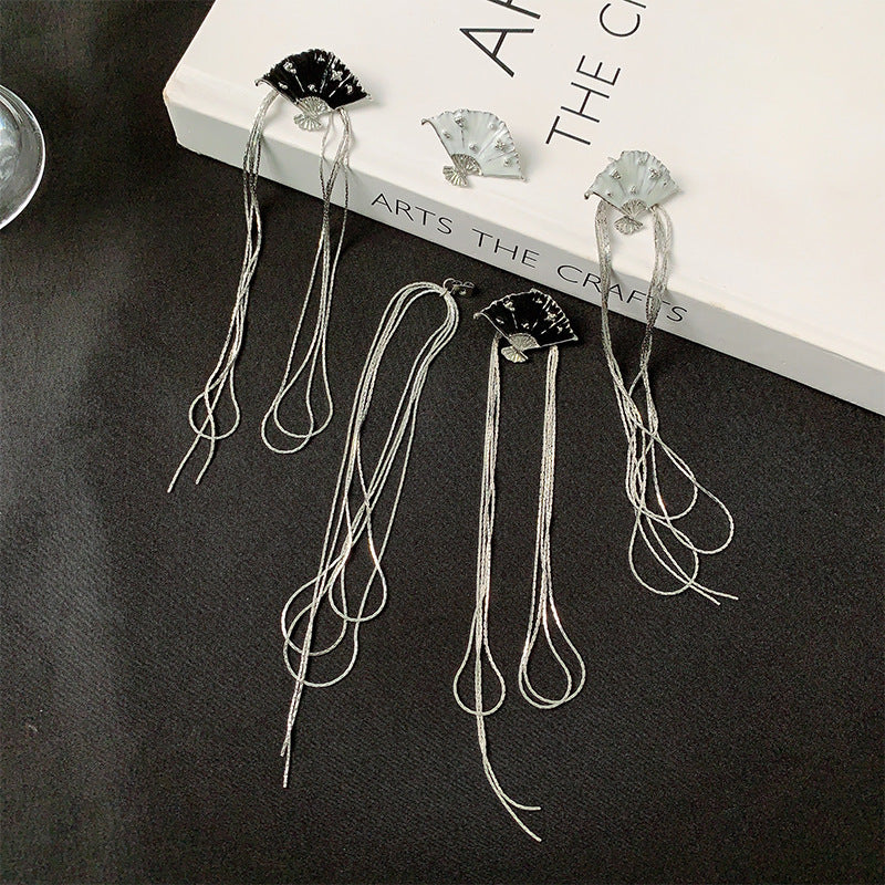 Wholesale Design Enamel Fan Tassel New Chinese Style Retro Temperament Personality Earrings Ear Studs